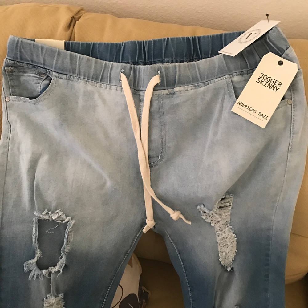 Denim joggers with tie waist